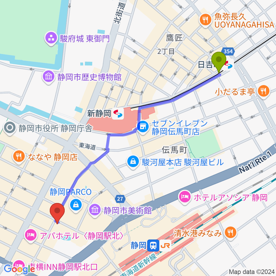 日吉町駅から静岡LIFE TIME（ライフタイム）へのルートマップ地図