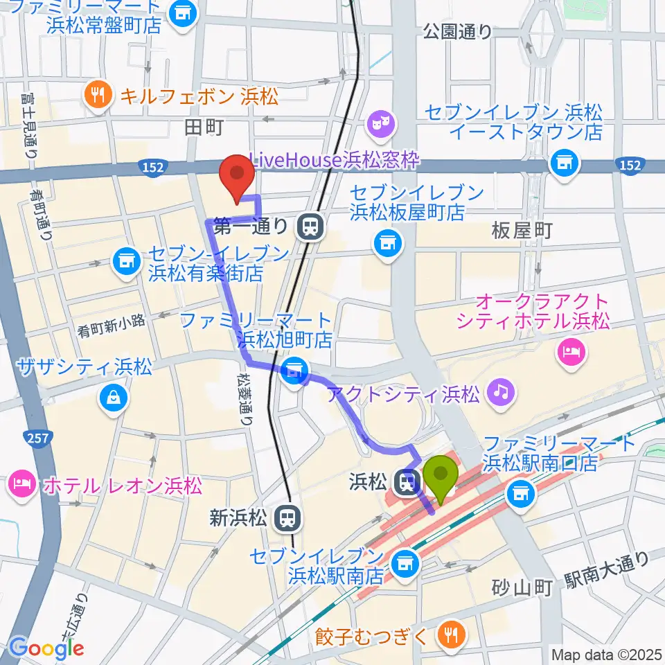 浜松駅から浜松ハァーミットドルフィンへのルートマップ地図