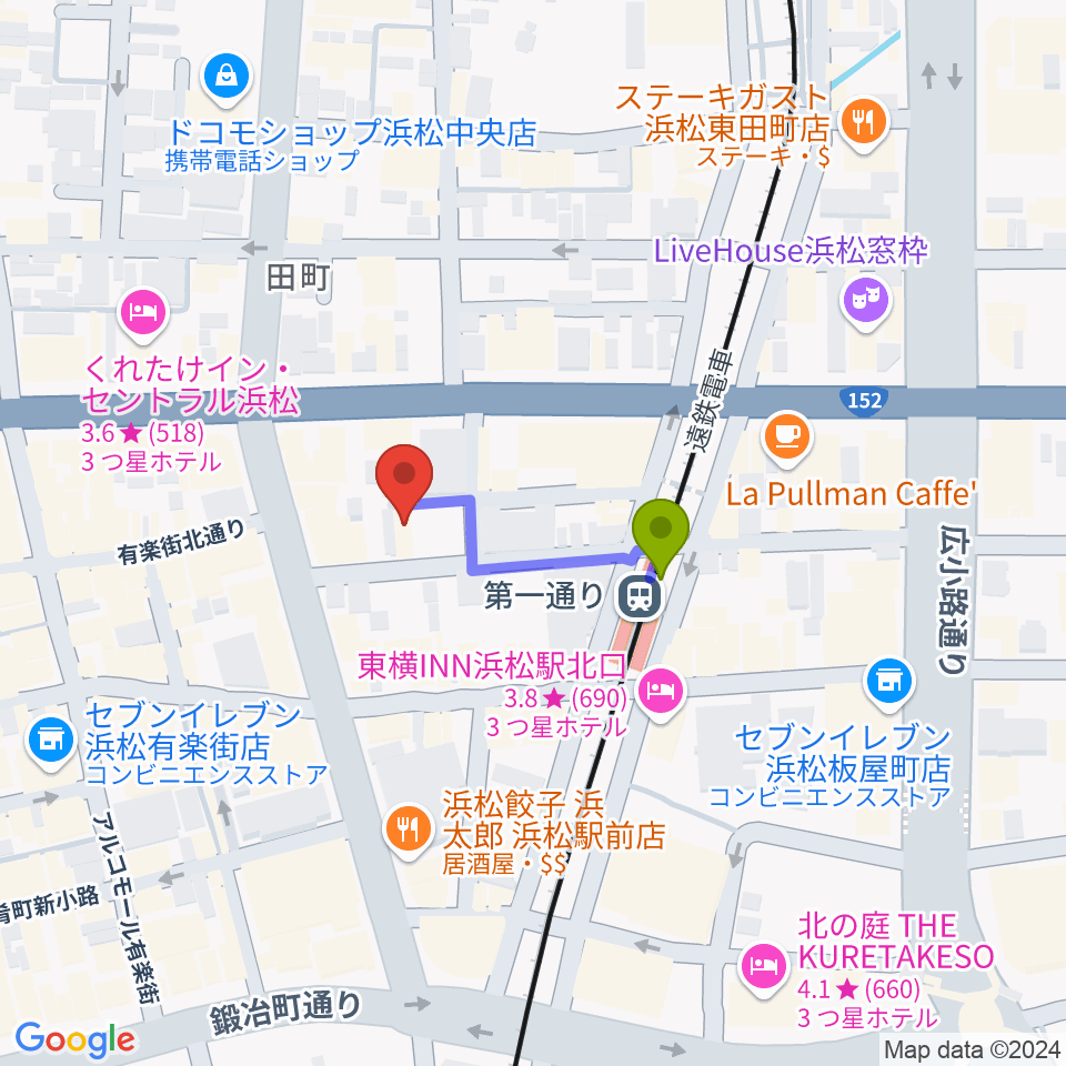 浜松ハァーミットドルフィンの最寄駅第一通り駅からの徒歩ルート（約2分）地図