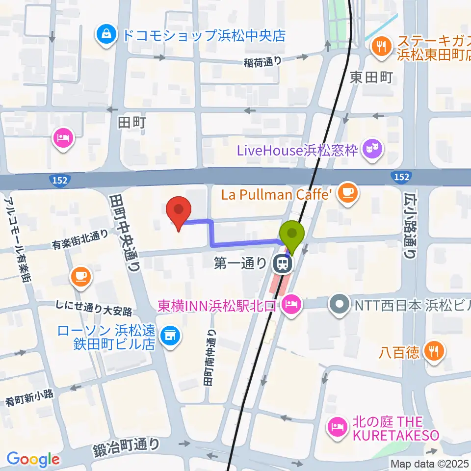 浜松ハァーミットドルフィンの最寄駅第一通り駅からの徒歩ルート（約2分）地図