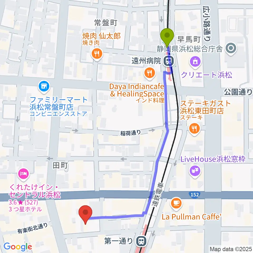 遠州病院駅から浜松ハァーミットドルフィンへのルートマップ地図