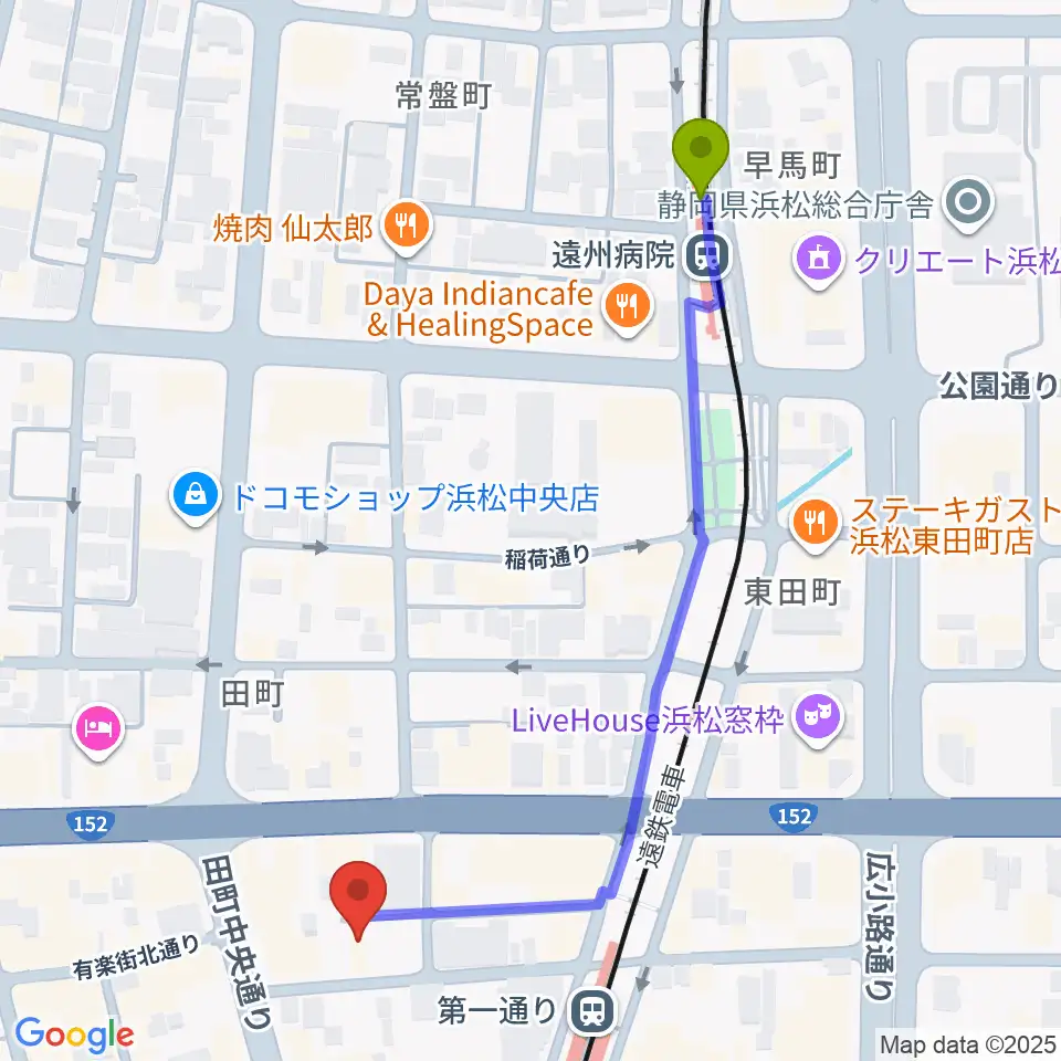 遠州病院駅から浜松ハァーミットドルフィンへのルートマップ地図