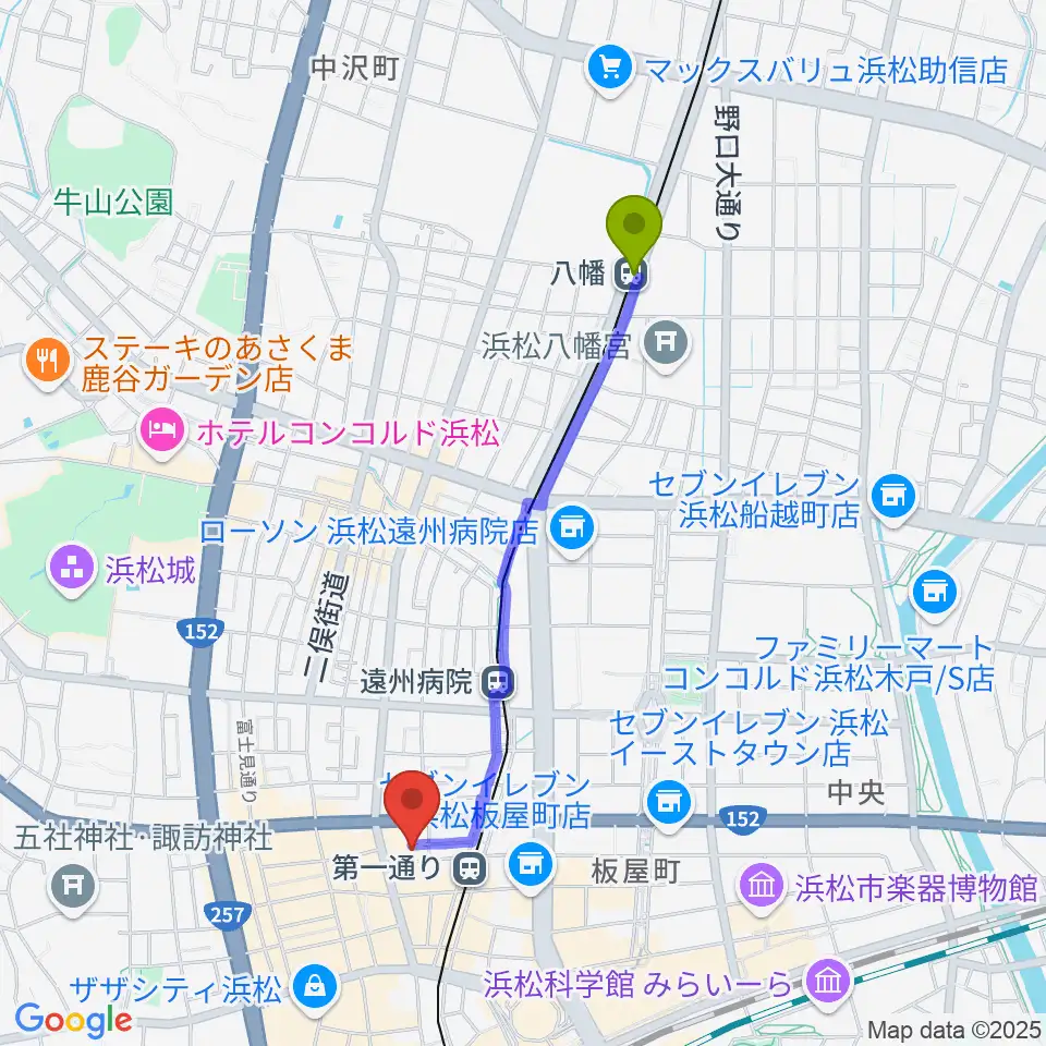 八幡駅から浜松ハァーミットドルフィンへのルートマップ地図