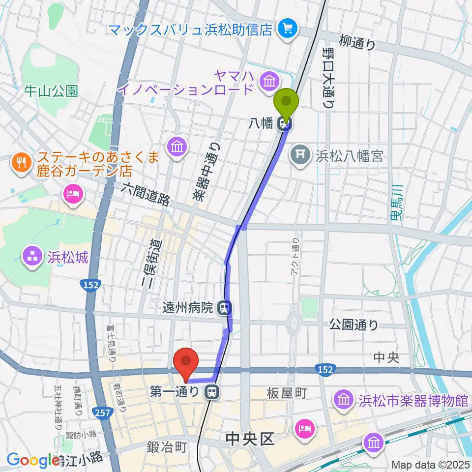 八幡駅から浜松ハァーミットドルフィンへのルートマップ地図