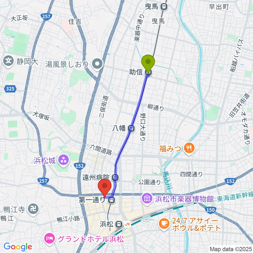 助信駅から浜松ハァーミットドルフィンへのルートマップ地図