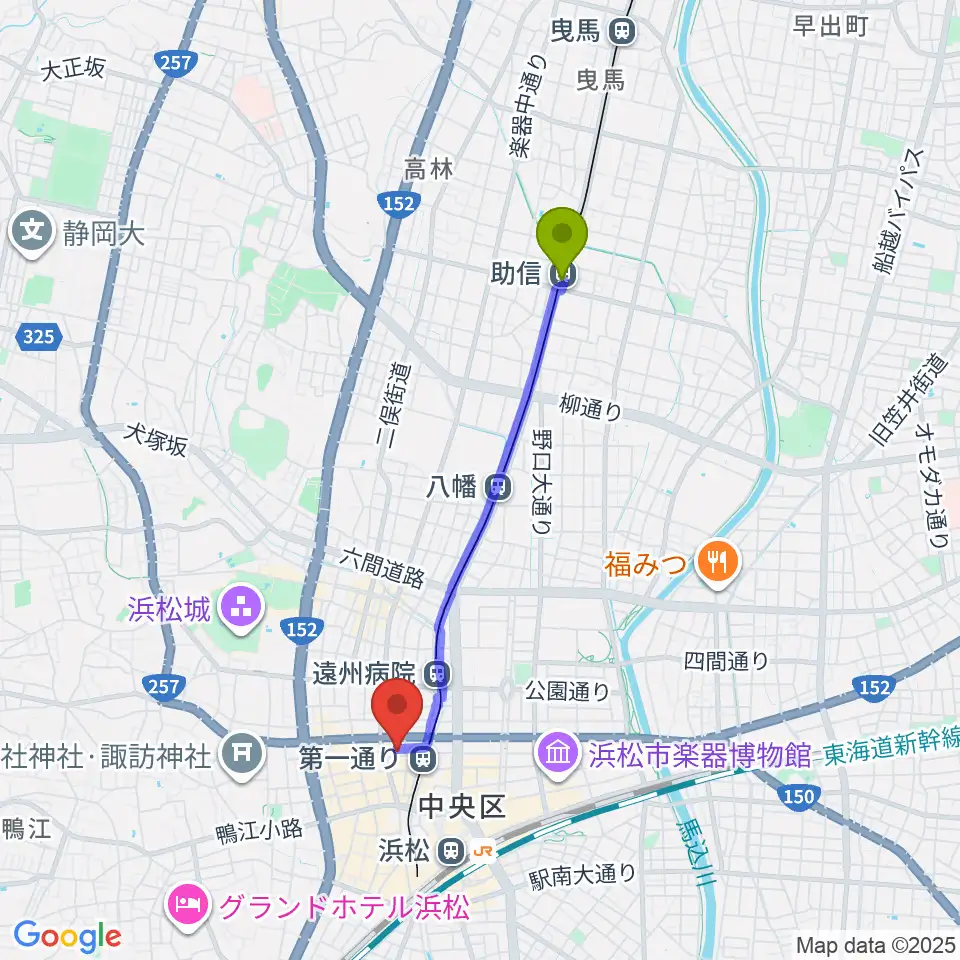 助信駅から浜松ハァーミットドルフィンへのルートマップ地図