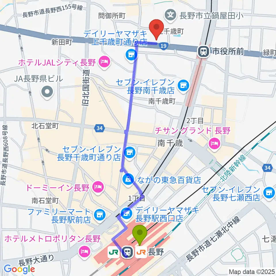 長野駅からバックドロップへのルートマップ地図