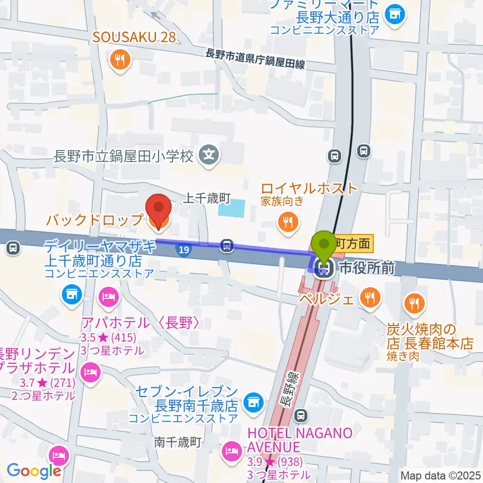 バックドロップの最寄駅市役所前駅からの徒歩ルート（約3分）地図