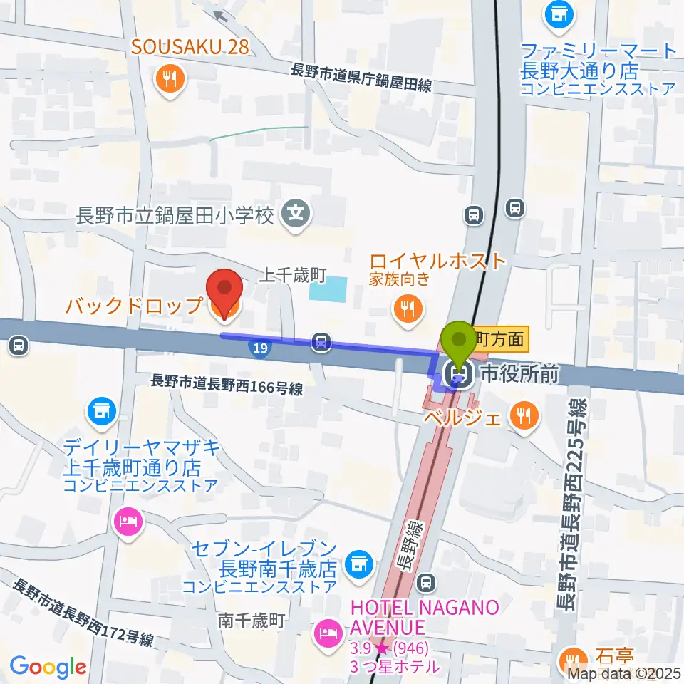 バックドロップの最寄駅市役所前駅からの徒歩ルート（約3分）地図