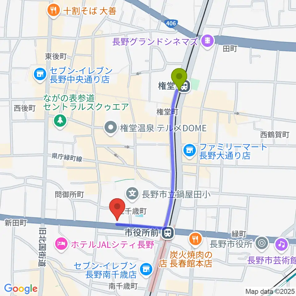 権堂駅からバックドロップへのルートマップ地図