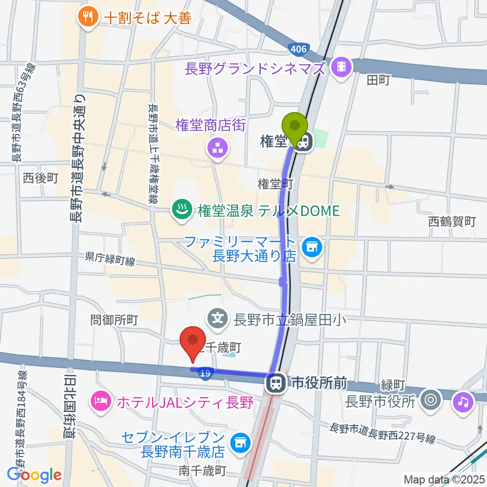 権堂駅からバックドロップへのルートマップ地図
