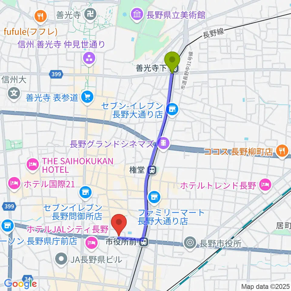 善光寺下駅からバックドロップへのルートマップ地図