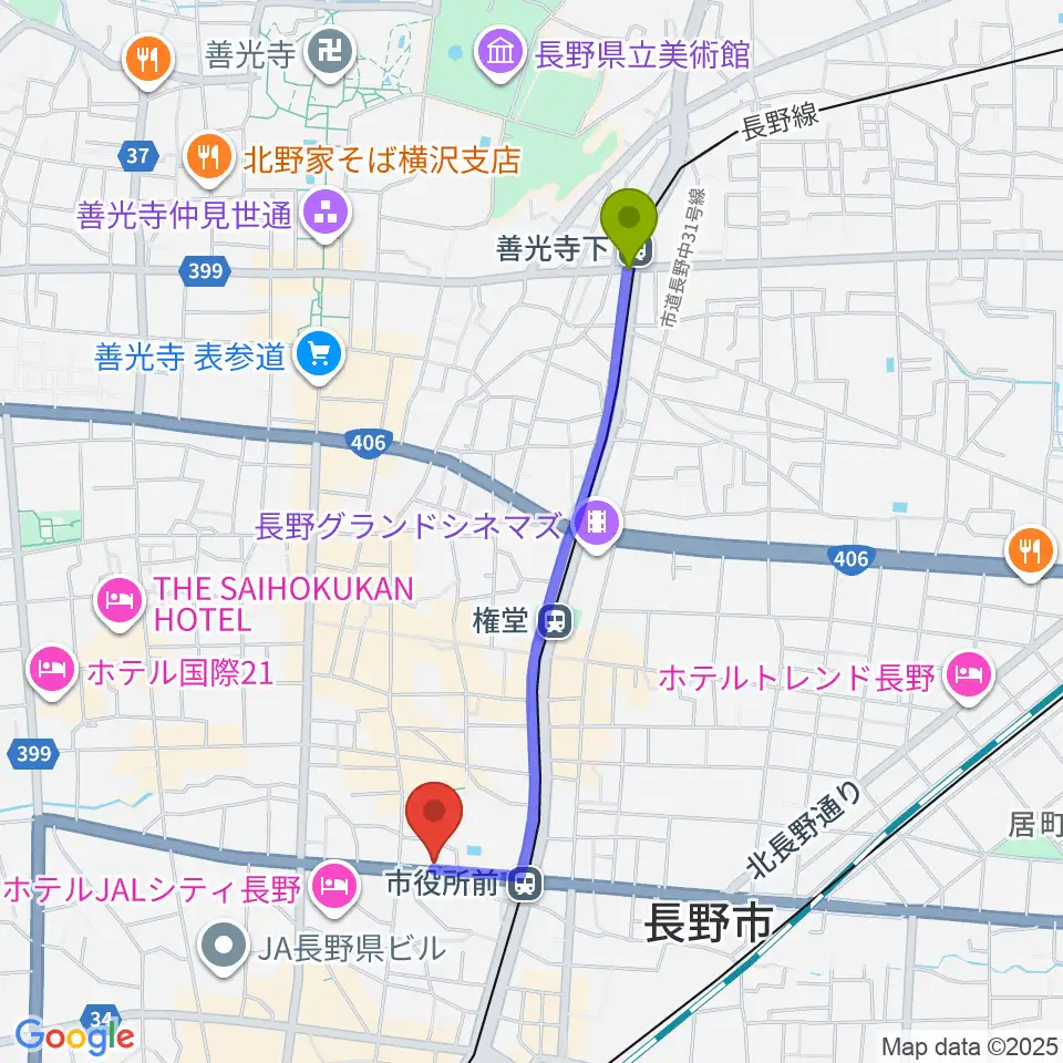 善光寺下駅からバックドロップへのルートマップ地図