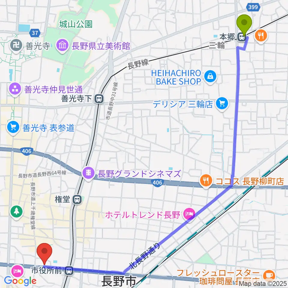 本郷駅からバックドロップへのルートマップ地図