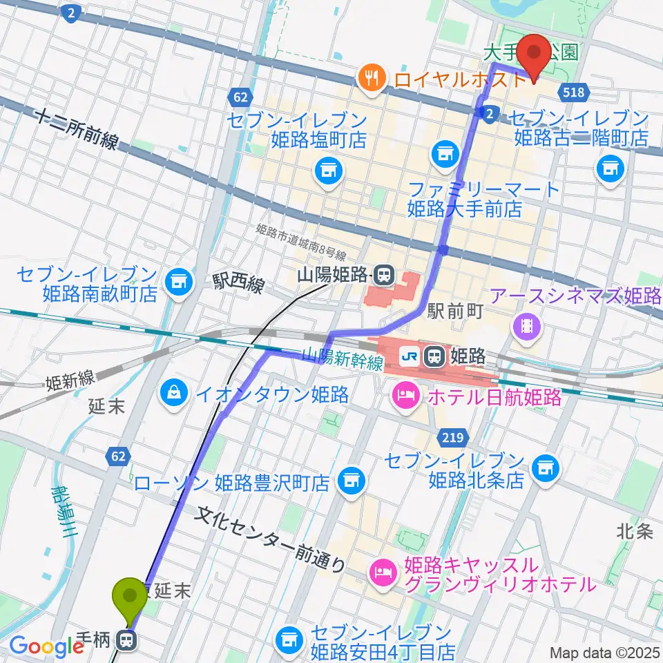 手柄駅からあいめっせホールへのルートマップ地図