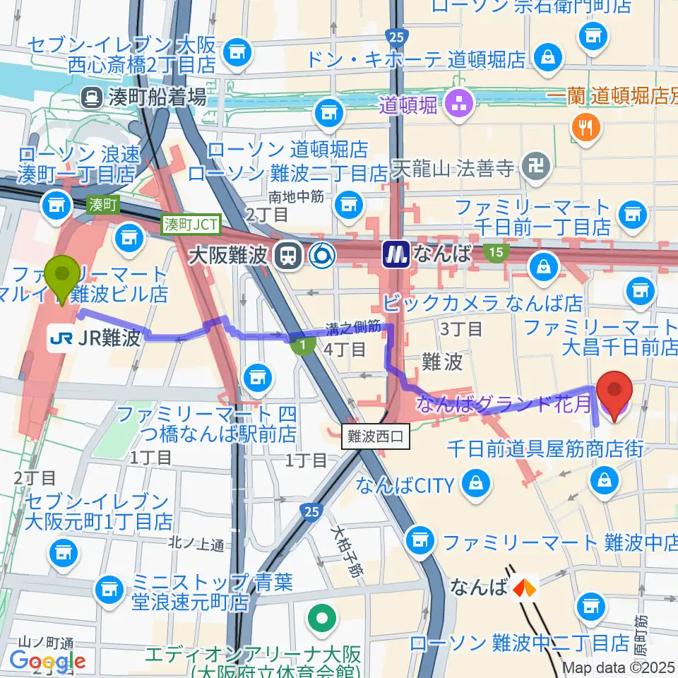 ＪＲ難波駅からなんばグランド花月へのルートマップ地図