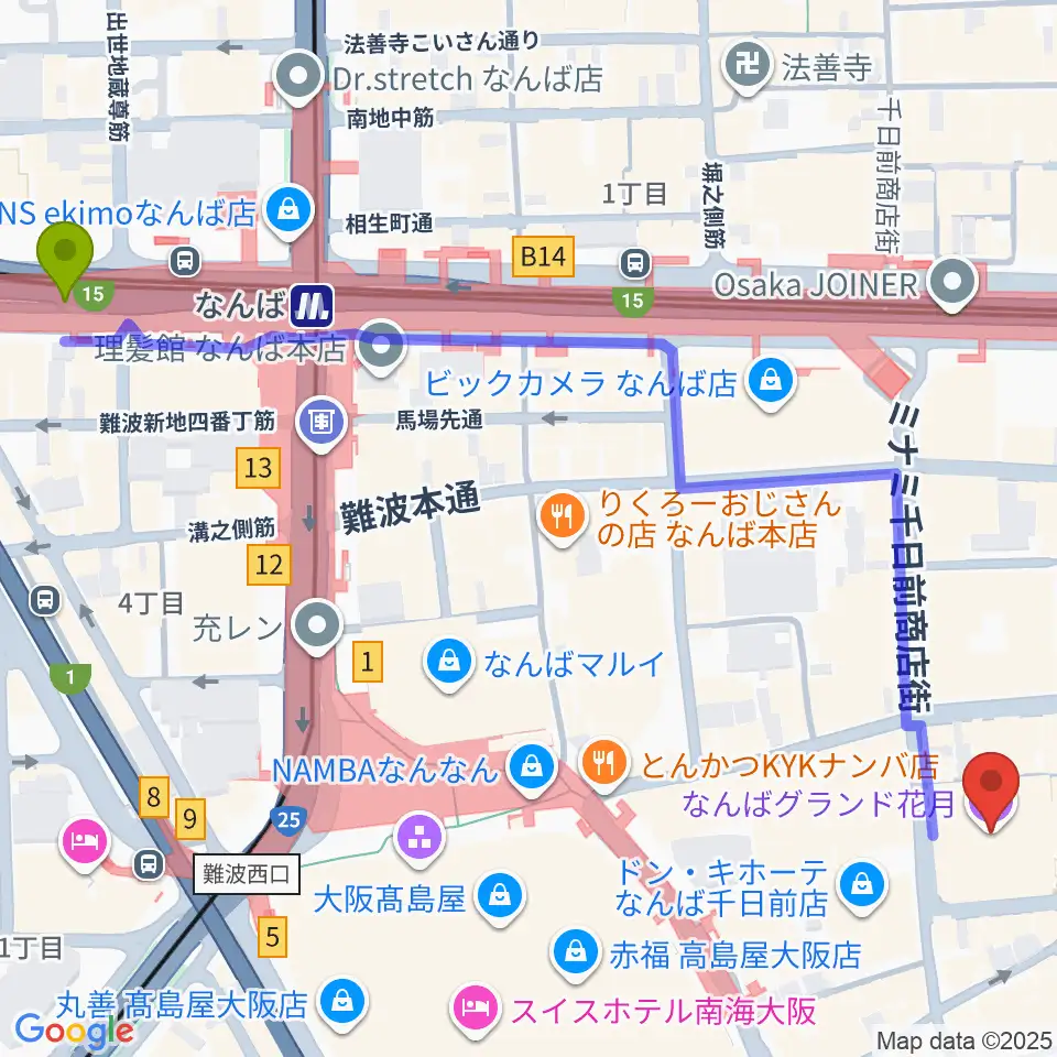 大阪難波駅からなんばグランド花月へのルートマップ地図