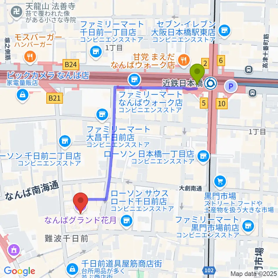 近鉄日本橋駅からなんばグランド花月へのルートマップ地図