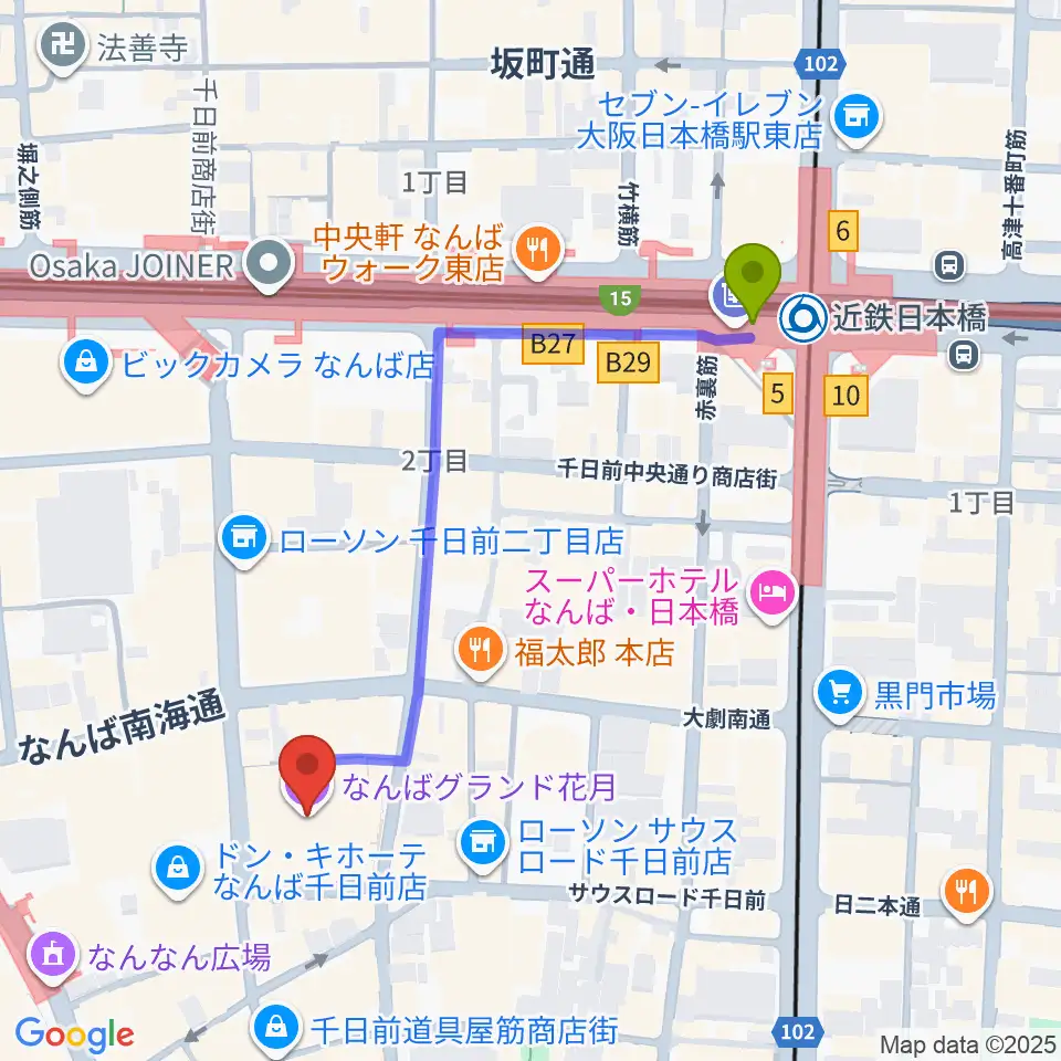 近鉄日本橋駅からなんばグランド花月へのルートマップ地図