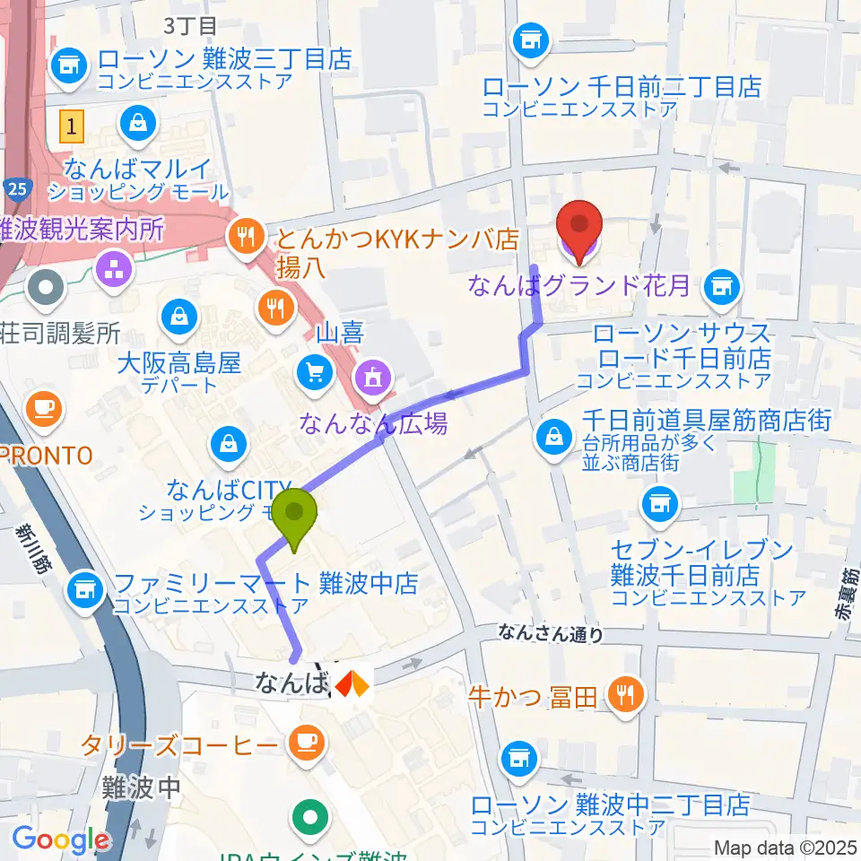 なんばグランド花月の最寄駅難波駅からの徒歩ルート（約4分）地図