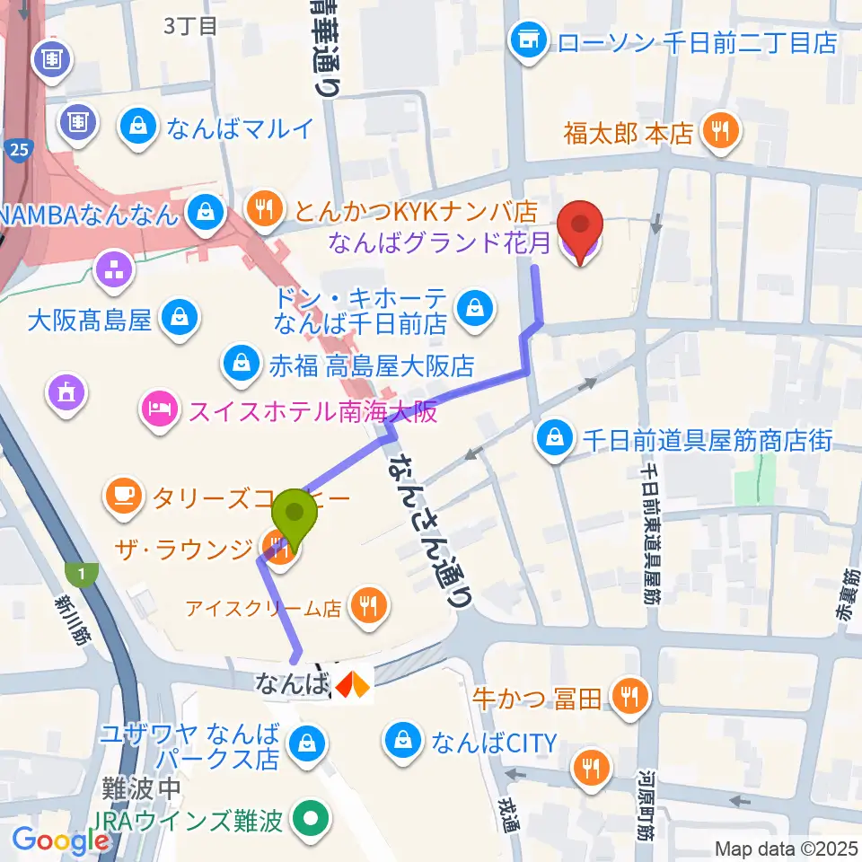 なんばグランド花月の最寄駅難波駅からの徒歩ルート（約4分）地図