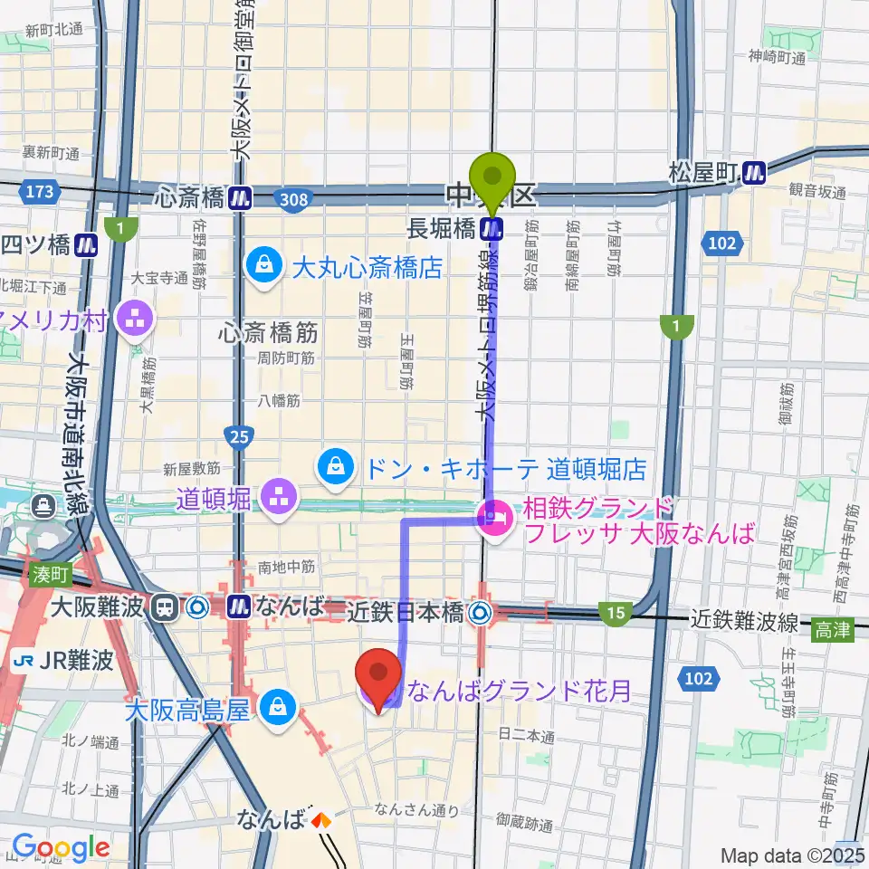 長堀橋駅からなんばグランド花月へのルートマップ地図