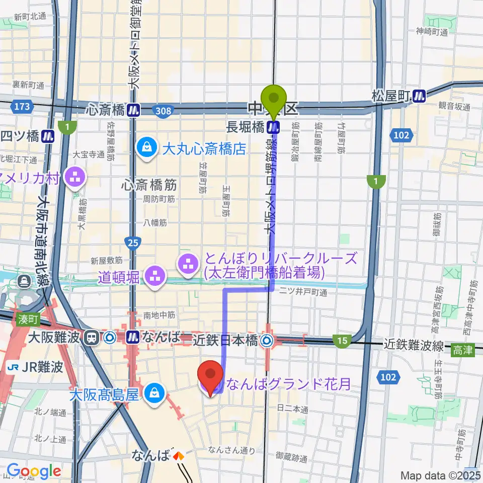 長堀橋駅からなんばグランド花月へのルートマップ地図