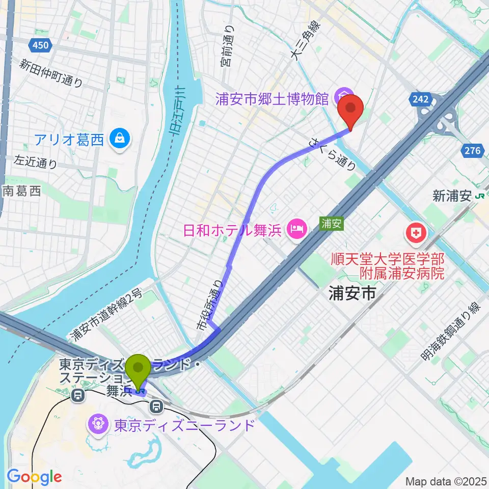 舞浜駅から浦安市文化会館へのルートマップ地図