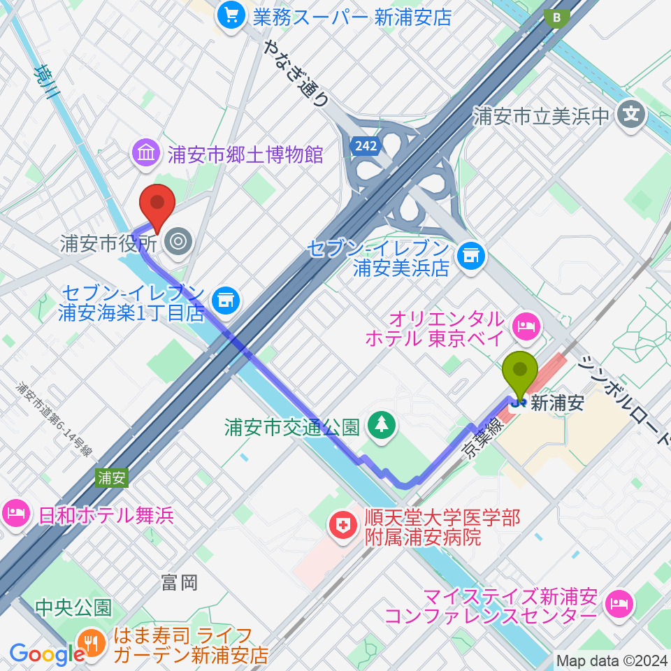 浦安市文化会館の最寄駅新浦安駅からの徒歩ルート（約18分）地図