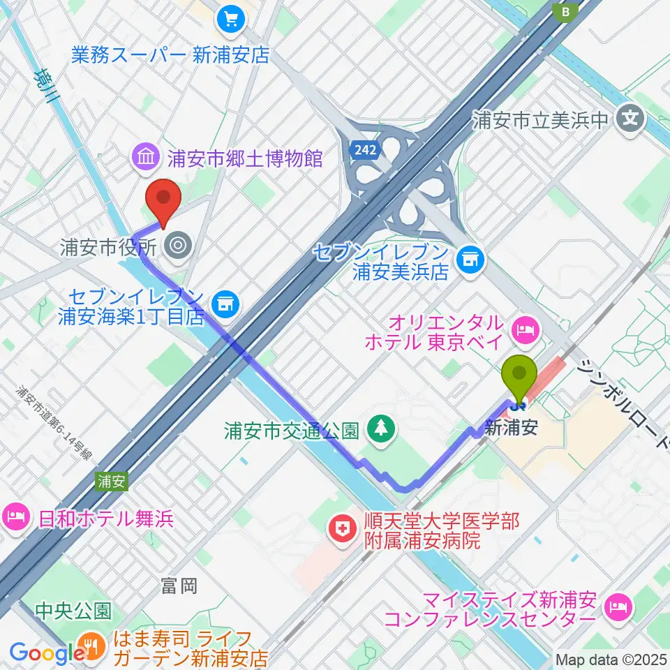 浦安市文化会館の最寄駅新浦安駅からの徒歩ルート（約18分）地図