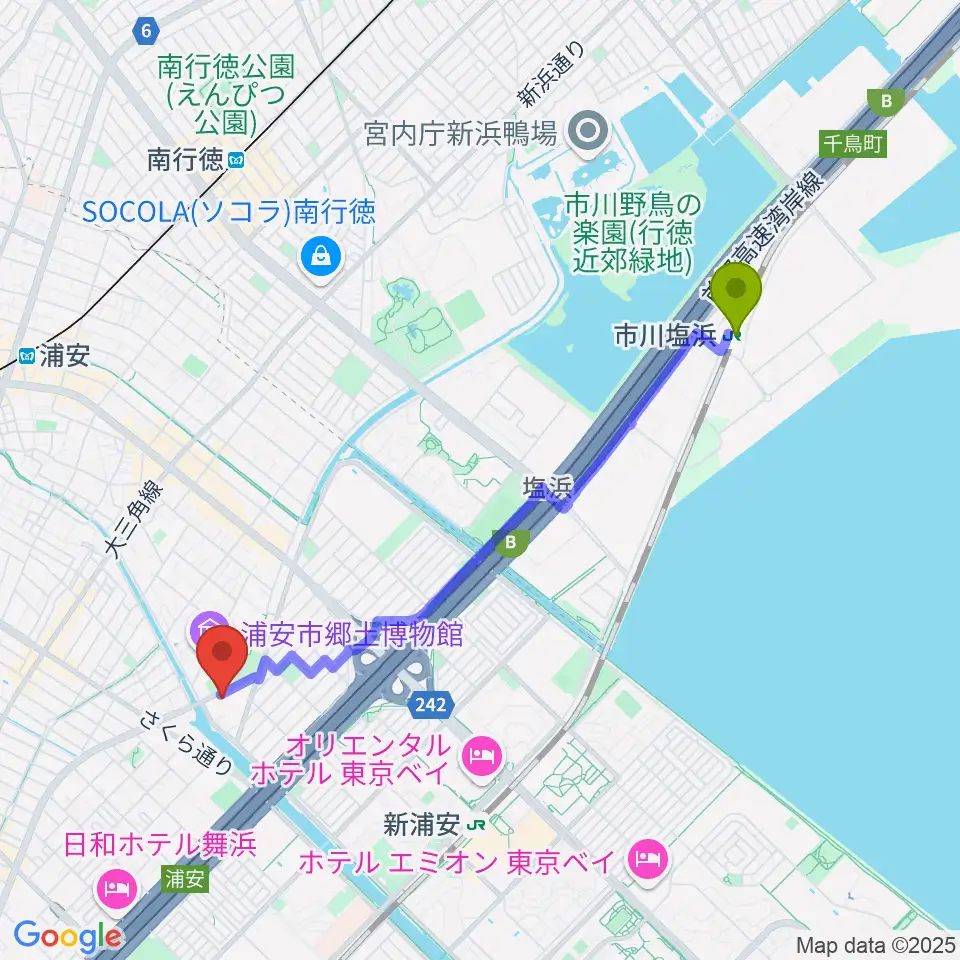 市川塩浜駅から浦安市文化会館へのルートマップ地図