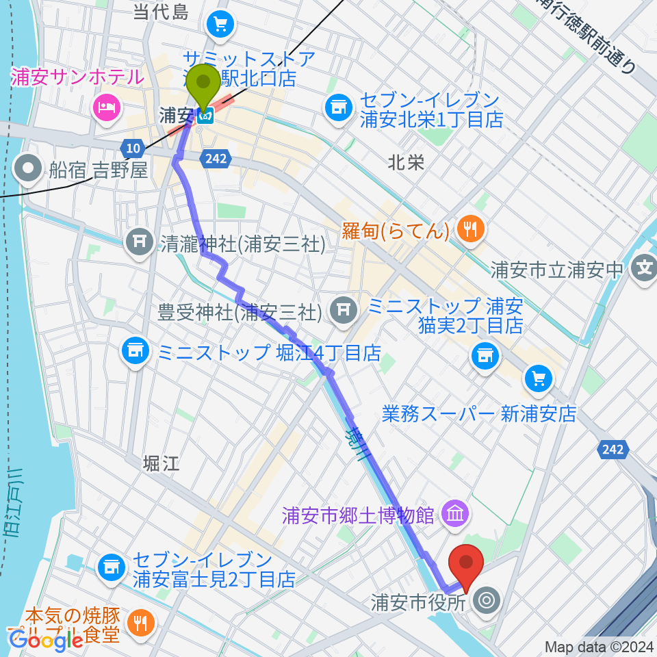 浦安駅から浦安市文化会館へのルートマップ地図