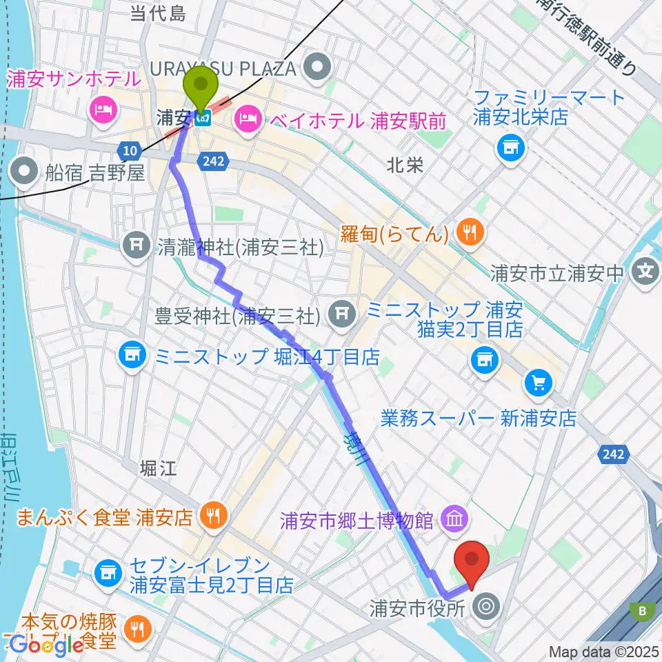 浦安駅から浦安市文化会館へのルートマップ地図