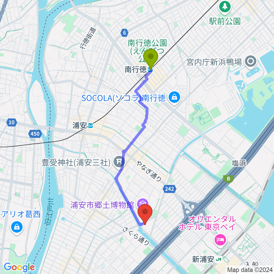 南行徳駅から浦安市文化会館へのルートマップ地図