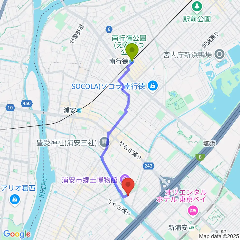 南行徳駅から浦安市文化会館へのルートマップ地図