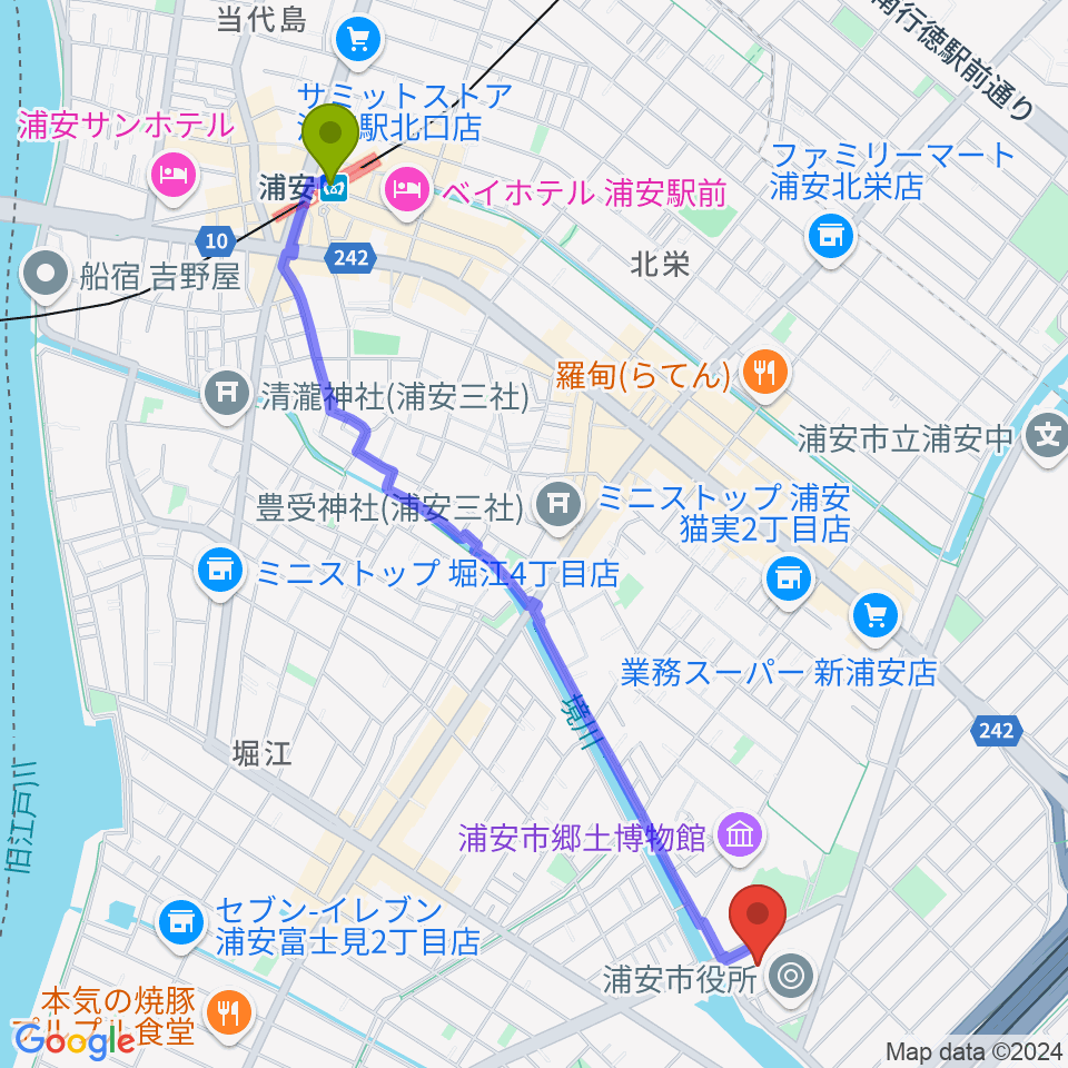 浦安駅から浦安市文化会館 練習室へのルートマップ地図