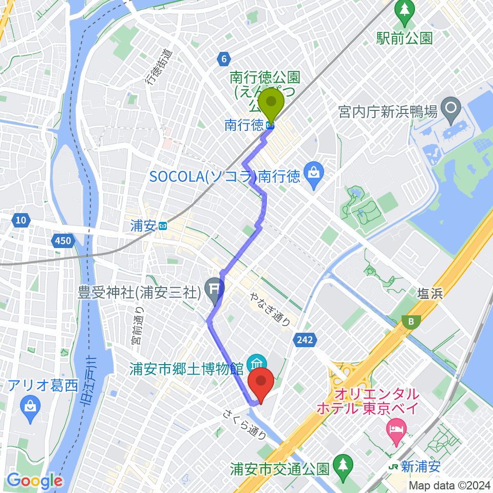 南行徳駅から浦安市文化会館 練習室へのルートマップ地図