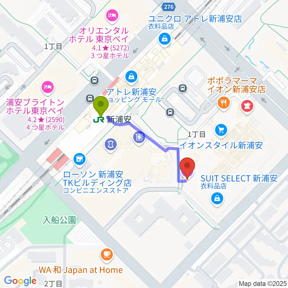 浦安市民プラザWave101の最寄駅新浦安駅からの徒歩ルート（約3分）地図