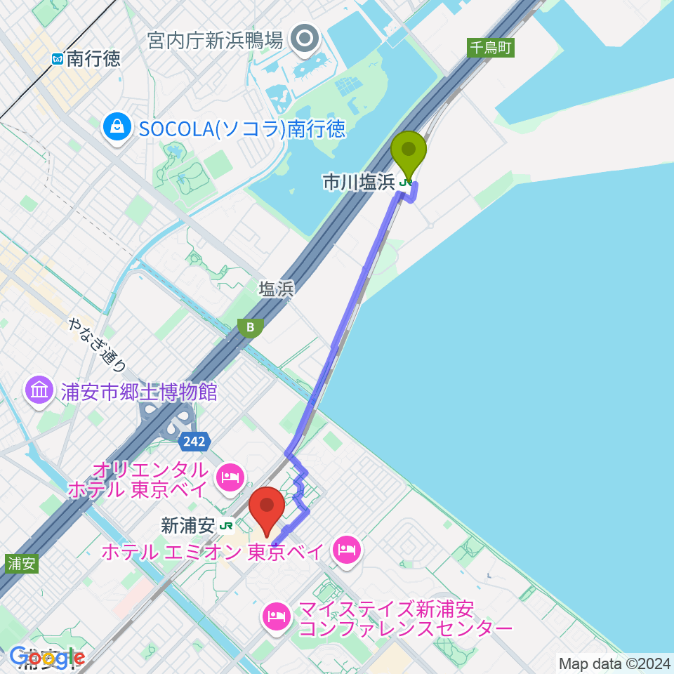 市川塩浜駅から浦安市民プラザWave101へのルートマップ地図