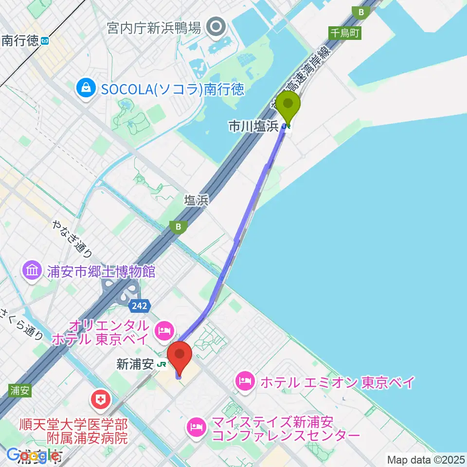 市川塩浜駅から浦安市民プラザWave101へのルートマップ地図