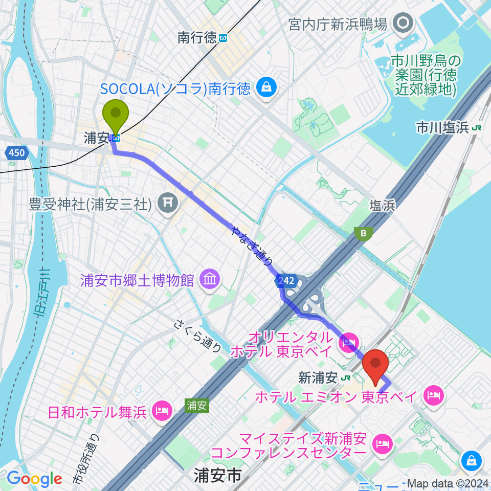 浦安駅から浦安市民プラザWave101へのルートマップ地図