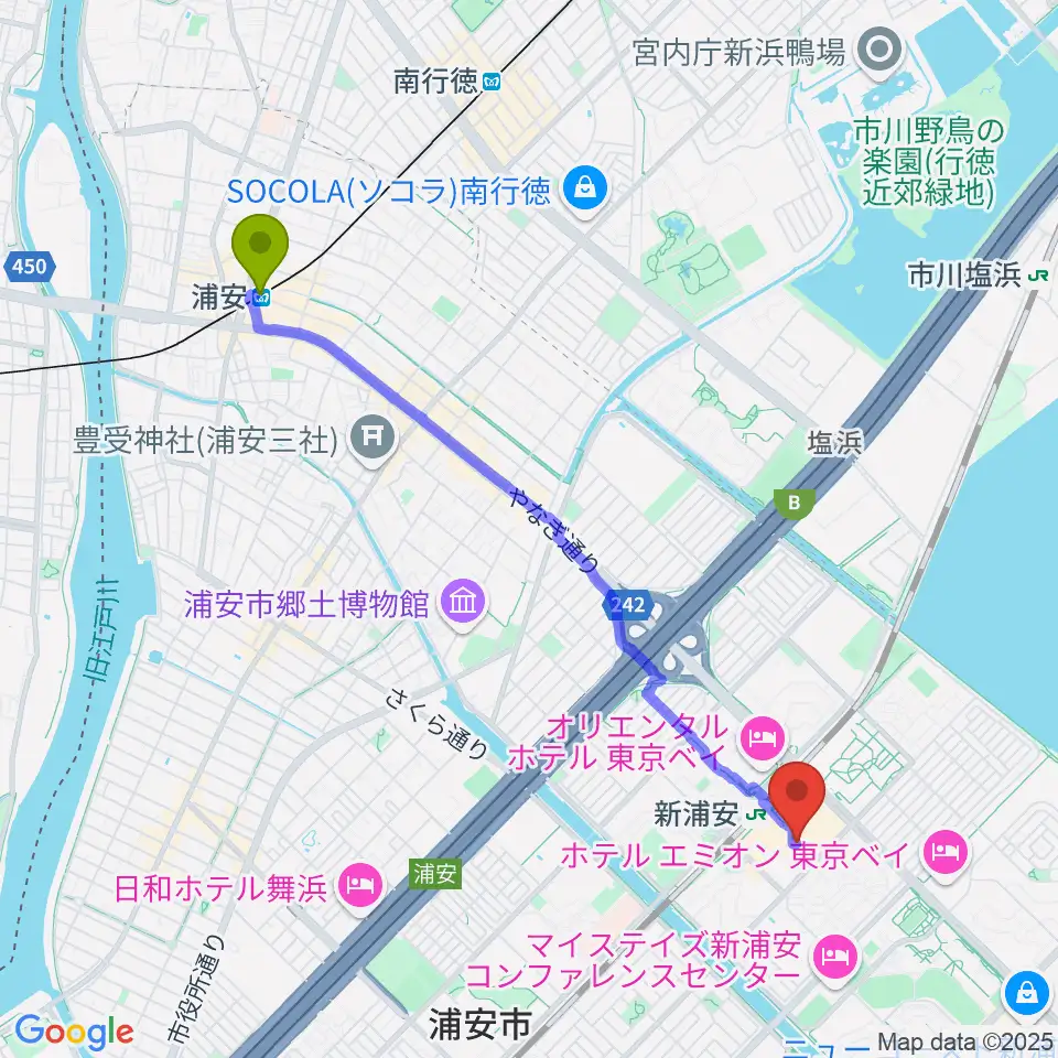 浦安駅から浦安市民プラザWave101へのルートマップ地図