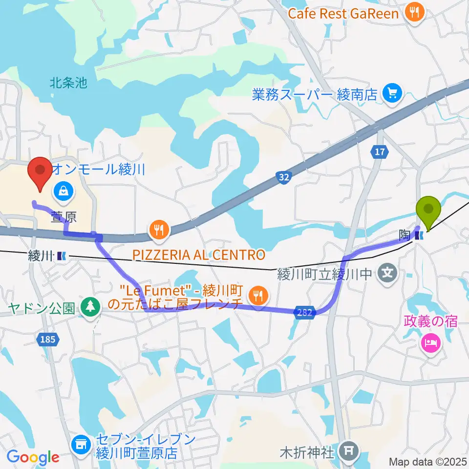 陶駅から島村楽器 イオンモール綾川店へのルートマップ地図