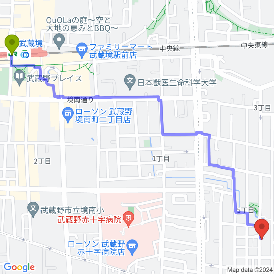 武蔵境駅からこばやし音楽教室へのルートマップ地図