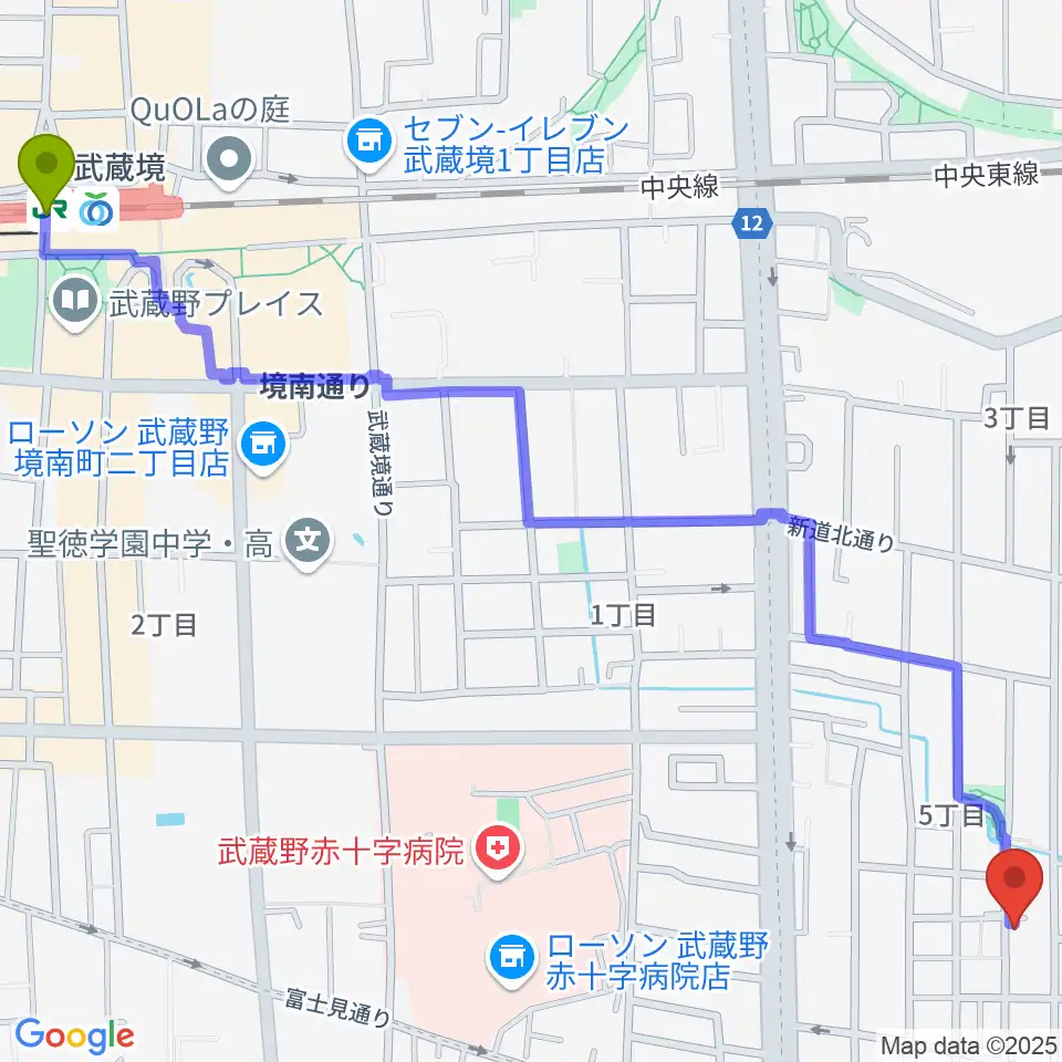 武蔵境駅からこばやし音楽教室へのルートマップ地図