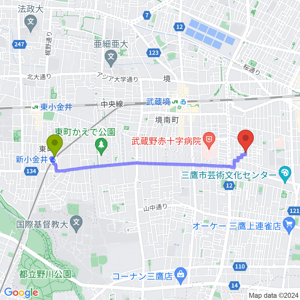 新小金井駅からこばやし音楽教室へのルートマップ地図