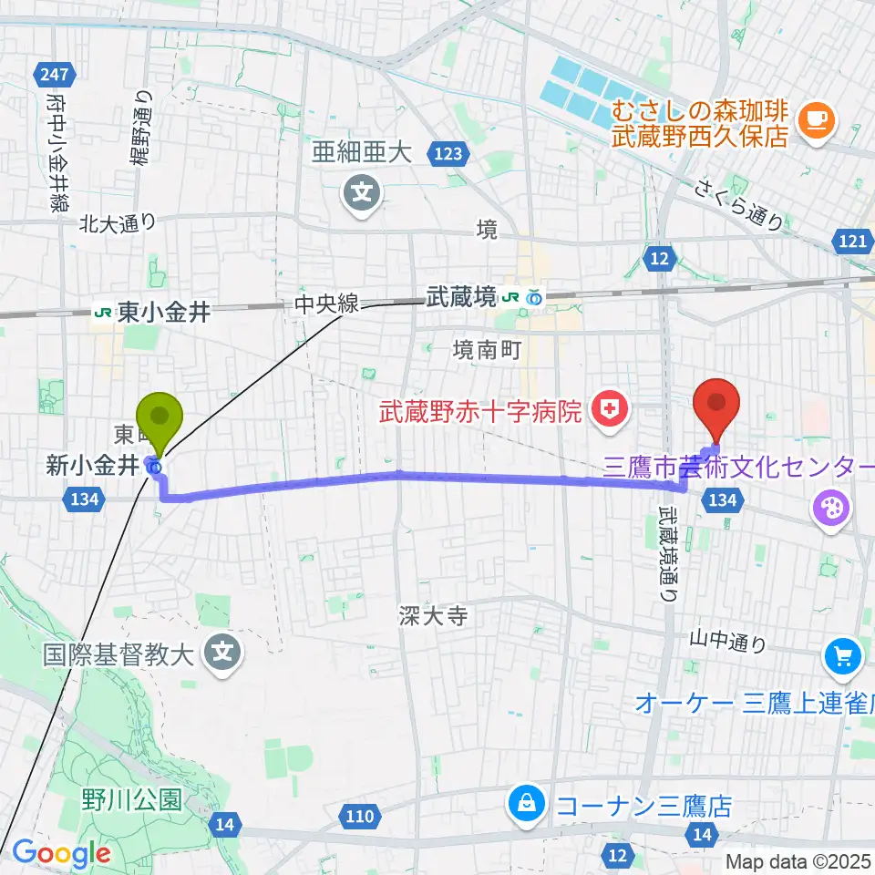 新小金井駅からこばやし音楽教室へのルートマップ地図