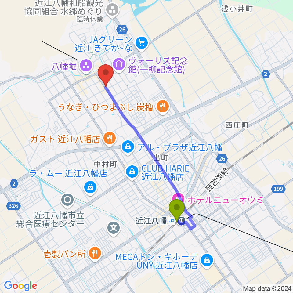 近江八幡 酒游舘の最寄駅近江八幡駅からの徒歩ルート（約32分）地図