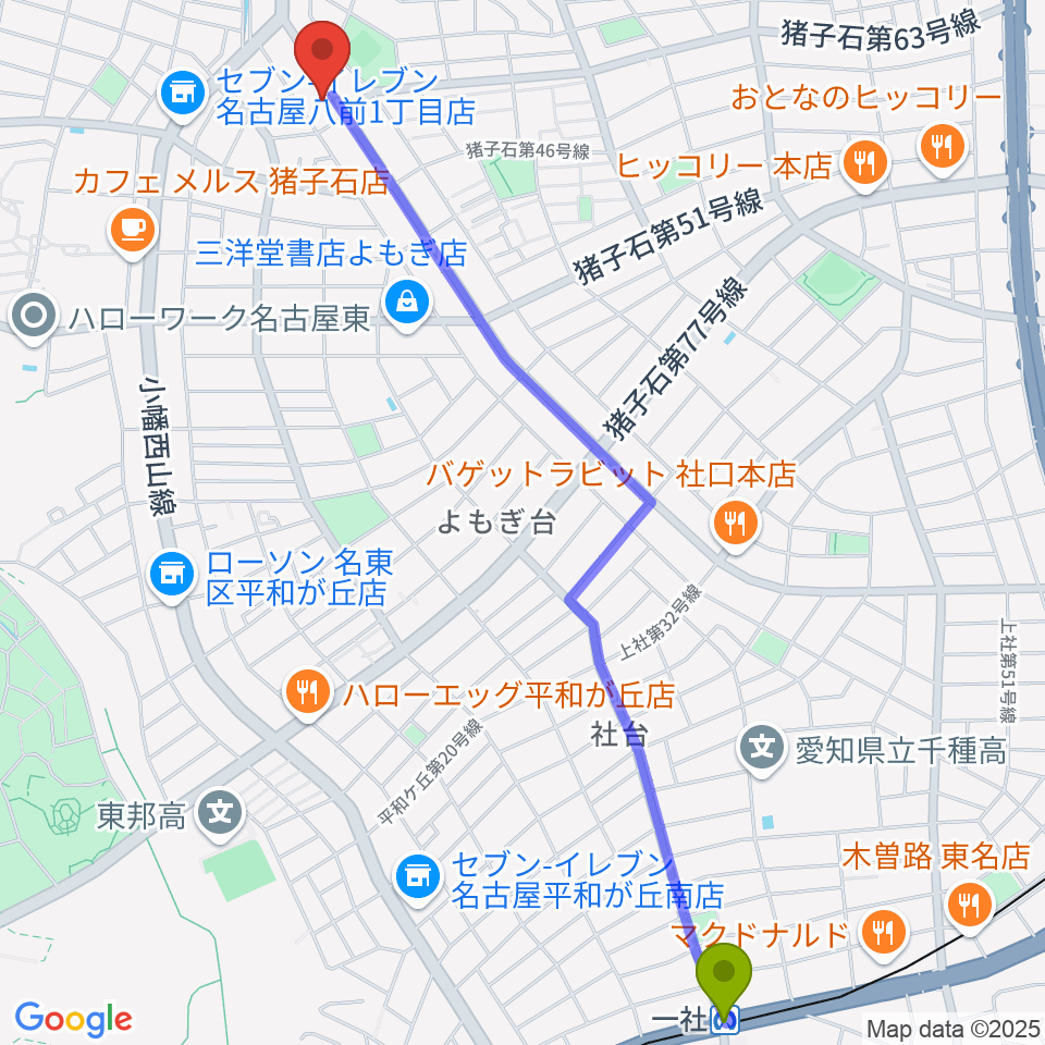 うりんこ劇場の最寄駅一社駅からの徒歩ルート（約30分）地図