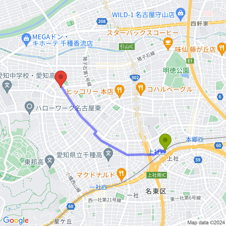 上社駅からうりんこ劇場へのルートマップ地図